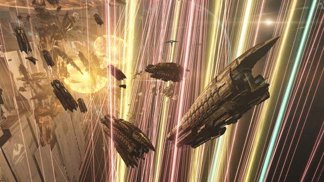 Smaller vessels near the Keepstar while Doomsday blasts from both sides streak past them. Screenshot used with permission by Walter Islands.