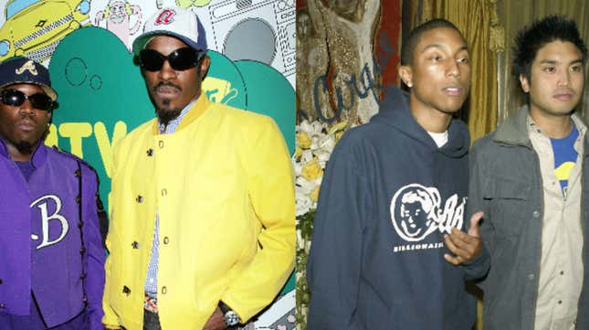 (L-R): Antwan A. (Big Boi) Patton (L) and Andre (Andre 3000) Benjamin of Outkast pose backstage during MTV’s Total Request Live on Aug. 22, 2006 in New York City; The Neptunes: Pharrell Williams (L) and Chad Hugo (R), arrive at the 2004 BMI Pop Awards on May 11, 2004 in Los Angeles