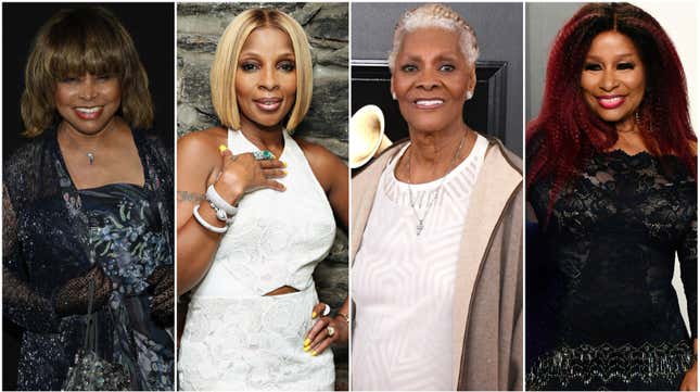 Tina Turner attends the Giorgio Armani Prive Haute Couture Fall Winter 2018/2019 show on July 3, 2018, in Paris, France; Mary J. Blige attends the Casa Reale Fine Jewelry Launch on June 17, 2015, in New York City; Dionne Warwick attends the 61st Annual GRAMMY Awards on February 10, 2019, in Los Angeles, California; Chaka Khan attends the 2020 Vanity Fair Oscar Party on February 09, 2020, in Beverly Hills, California.