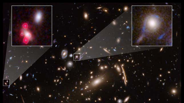 Hubble image showing galaxy cluster MACSJ 1206, with individual galaxies shown inset, and warped by an astronomical effect known as gravitational lensing. 