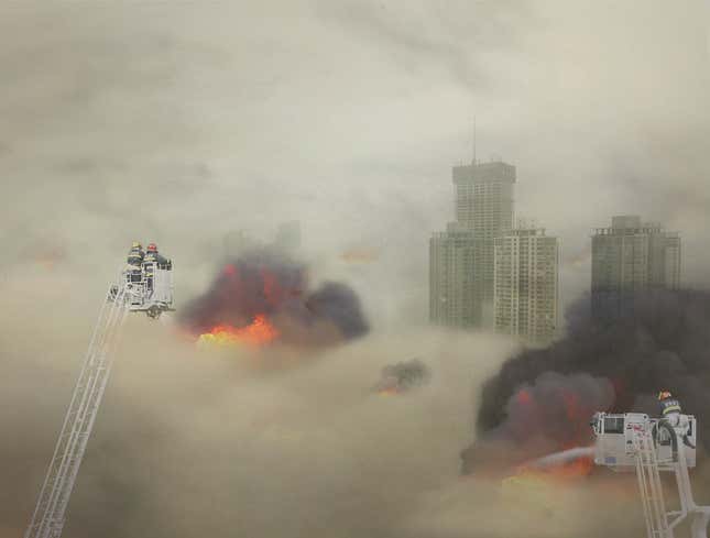 Image for article titled Beijing Fire Department Extinguishes Massive Five-Alarm Burning Cloud Of Smog