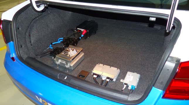 Delphi: The design in the car shown above is a prototype that Delphi is bringing to CES this year. The battery, DC-to-DC converter, fuses and battery controller don’t take up a lot of room, and in a production model they’d be tucked away, likely against the back of the rear bench, over to the side or even under a loading tray.