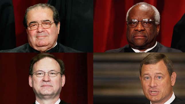 Image for article titled Scalia, Thomas, Roberts, Alito Suddenly Realize They Will Be Villains In Oscar-Winning Movie One Day