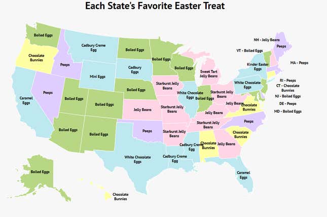 Map displaying "Each State's Favorite Easter Treat"