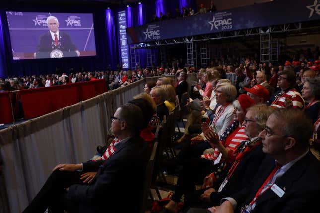 Attendees listen to U.S. Vice President Mike Pence’s remarks during the annual Conservative Political Action Conference (CPAC) at Gaylord National Resort & Convention Center February 27, 2020 in National Harbor, Maryland.