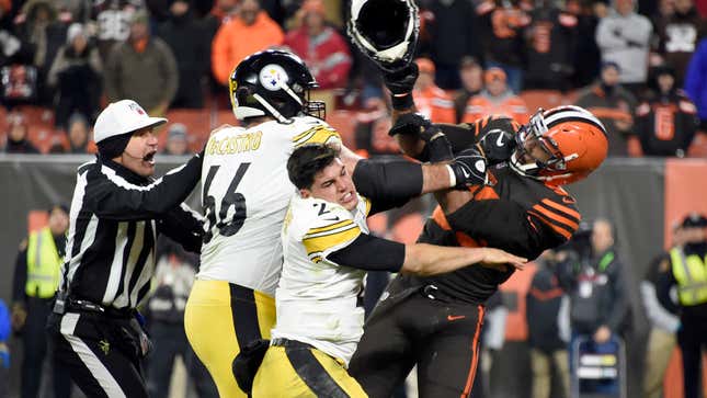 Image for article titled NFL Rescinds Myles Garrett Suspension After Review Footage Clearly Shows Mason Rudolph’s Punchable Fucking Face
