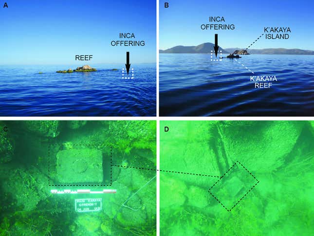 (A) View of the K’akaya reef and position of the offering, (B) location with respect to K’akaya Island, (C-D) theoffering as it was found on the lake bottom.