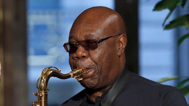 Manu Dibango performs at the end of the Franck Sorbier Spring Summer 2018 show as part of Paris Fashion Week on January 24, 2018 in Paris, France.