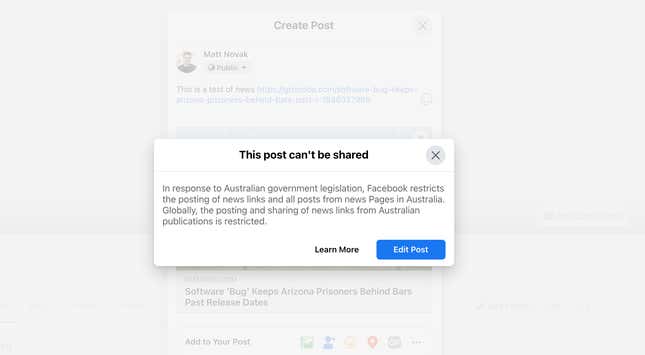 Image for article titled Facebook Promises to Let Users Share News in Australia Again After Negotiations With Government