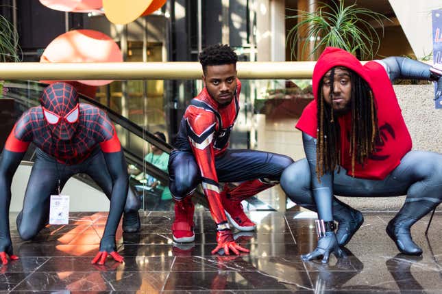 Three Spider-Men Pose at BlerdCon 2019 in Washington, D.C. 