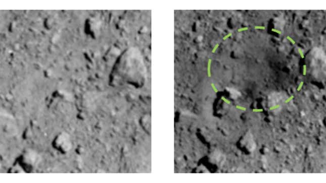 Left: The surface before the explosion. Right: The crater left by the blast.