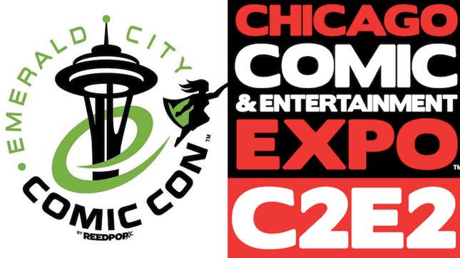 The logos for Emerald City Comic Con and Chicago Comic &amp; Entertainment Expo.