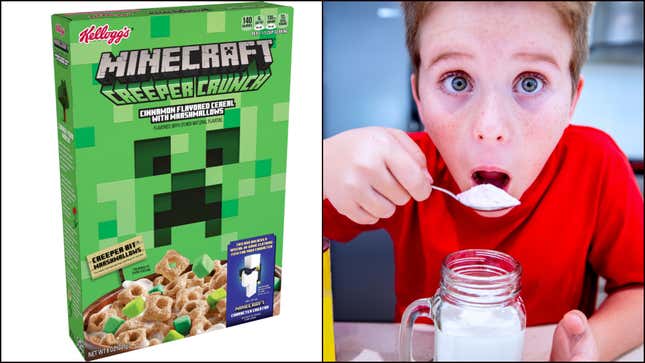 Left: Kellogg’s new Minecraft Creeper Crunch cereal. Right: the look on your kid’s face when you tell them Minecraft is a cereal now.