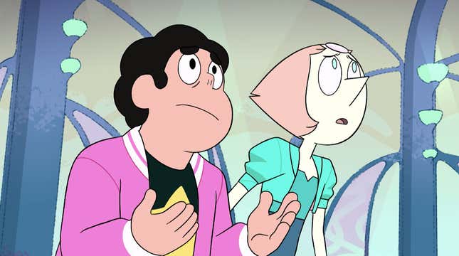 Steven and Pearl being dismayed at what’s essentially an Apple store.