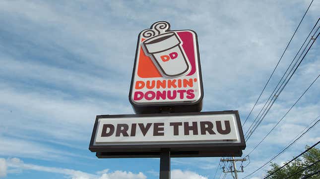 Sign for a Dunkin' drive thru in Canton, MA