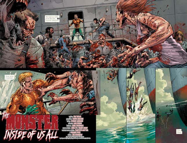 Aquaman being chased off a boat by a swarm of zombies.