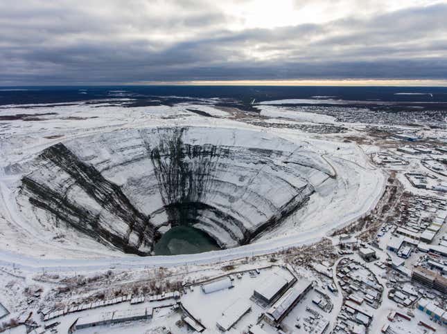 MIRNY, RUSSIA - NOVEMBER 1, 2018: A view of a kimberlite pipe of the Mir diamond mine of ALROSA’s Mirny Mining and Processing Division (MPD).