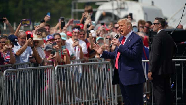 President Donald Trump, a threat to the safety and security of the U.S., addresses a crowd of supporters in North Carolina on September 2, 2020.
