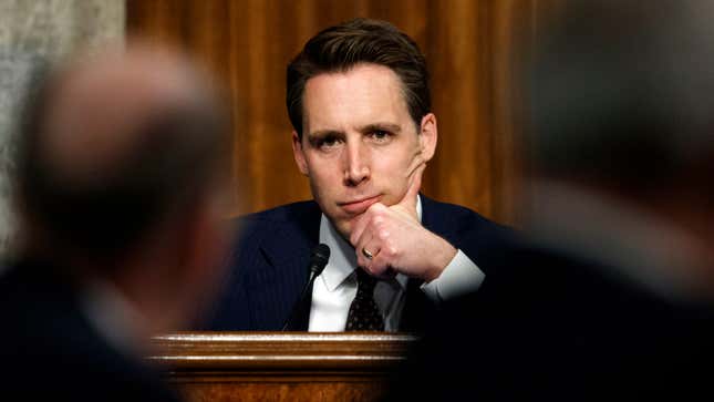 Sen. Josh Hawley, R-Mo., pauses during a Senate Armed Services Committee hearing on “Nuclear Policy and Posture” on Capitol Hill in Washington, Thursday, Feb. 29, 2019.