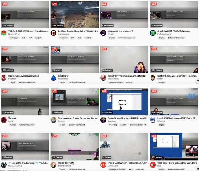 Twitch’s page of Destiny 2 streamers, just after 5pm ET on launch day. Image inspired by a Tweet from YouTuber SkillUp.