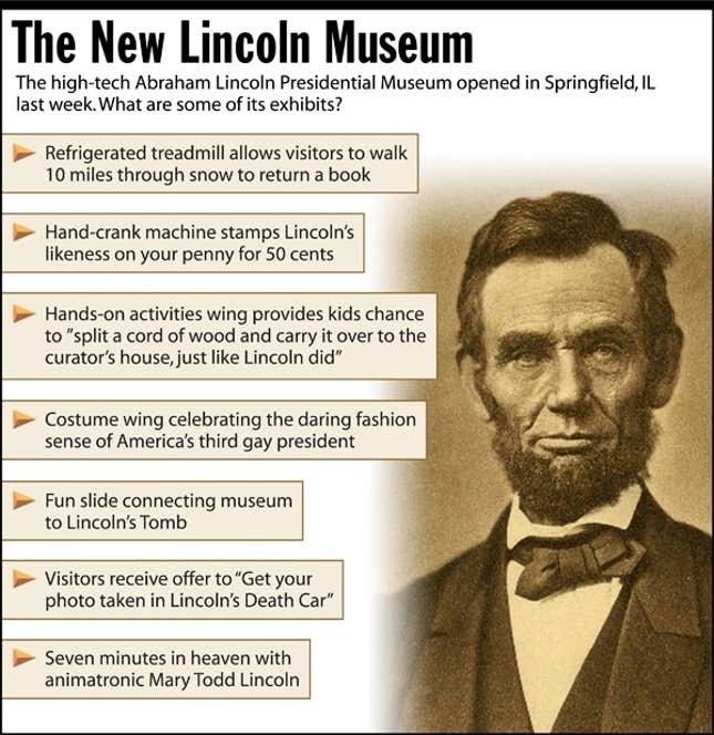 The high-tech Abraham Lincoln Presidential Museum opened in Springfield, IL last week. What are some of its exhibits?