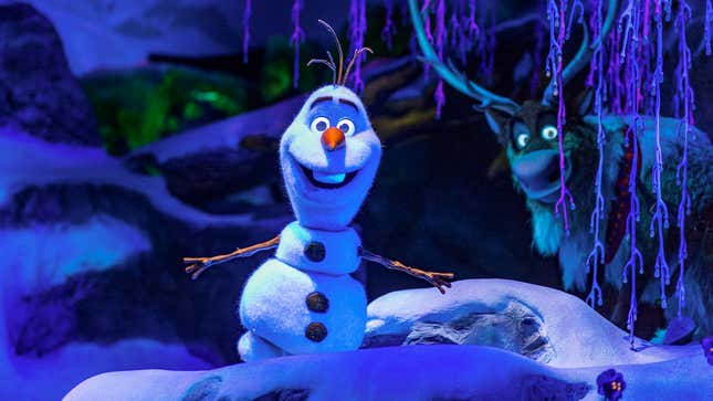 Olaf the snowman, who better look behind him if he doesn’t want to get rabies, appears in the Frozen attraction at the Epcot theme park in Florida