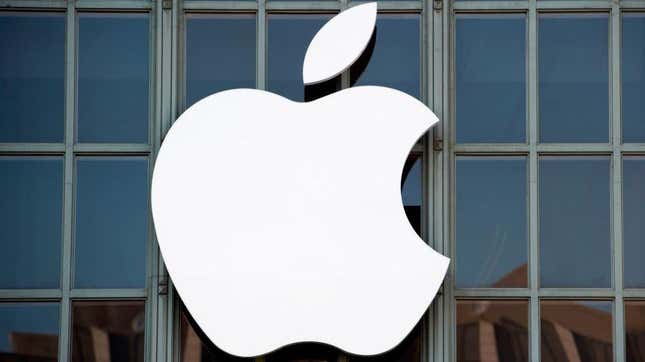 The Apple logo is seen on the outside of Bill Graham Civic Auditorium before the start of an event in San Francisco, California on September 7, 2016.