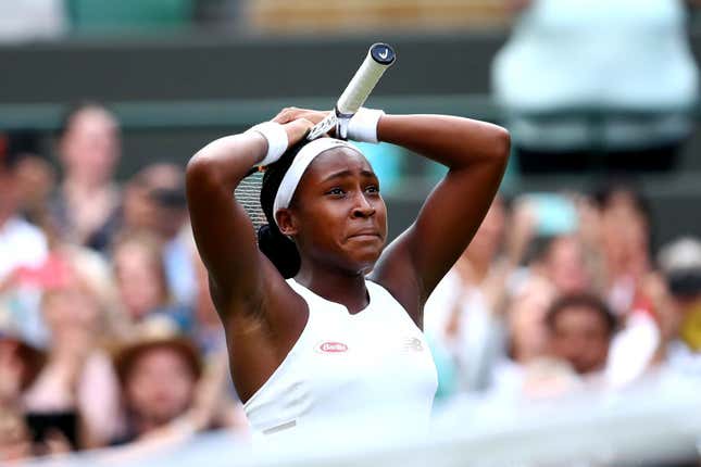 Cori Gauff celebrates victory after beating Venus Williams at Wimbledon July 1, 2019, in London.