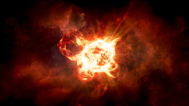 La hypergigante roja VY Canis Majoris en una interpretación artística. En teoría, sería imposible distinguir a simple vista una estrella normal de una estrella de antimateria.