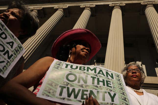  Rep. Frederica Wilson (D-Fla.), center, and Rep. Joyce Beatty (D-Ohio) rally with fellow House Democrats to demand that American abolitionist heroine Harriet Tubman’s image be put on the $20 bill outside the U.S. Treasury Department June 27, 2019 in Washington, DC. 