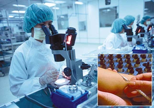 A researcher examines a cell injected with Noexitoxythalynucleothylinase, a radical new anti-aging hormone that promises to add years to humans' pointless lives. Inset: The hormone is tested.