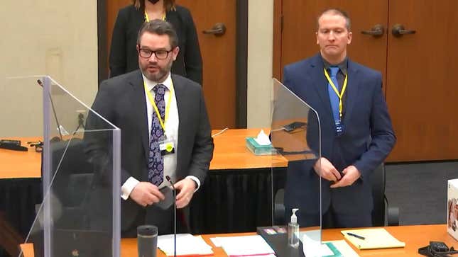 Defense lawyer Eric Nelson and defendant, former Minneapolis Police Officer Derek Chauvin, at the Hennepin County Courthouse in Minnesota on March 15.