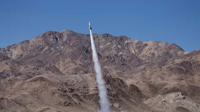 A picture from “Mad” Mike Hughes’ successful rocket launch in 2018. “I’m tired of people saying I chickened out and didn’t build a rocket,” he said then.