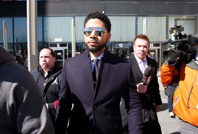 Jussie Smollett leaves court in Chicago March 26, 2019 after prosecutors announced all charges against him were being dropped.