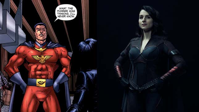 Stormfront as he appears in issue #31, and Stormfront as portrayed by Aya Cash.