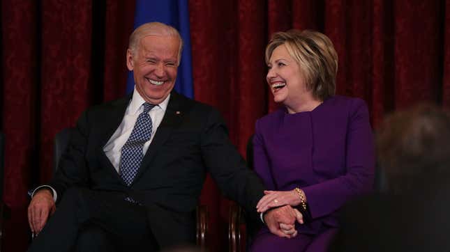 Image for article titled Hillary Clinton Thinks Joe Biden&#39;s Creepy Touching Isn&#39;t a Big Deal