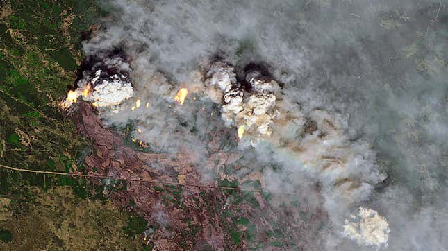Pyrocumulus clouds above a wildfire near High Level, Alberta, Canada.