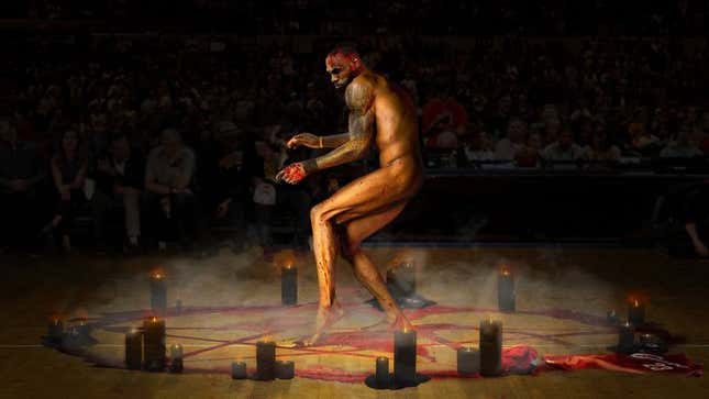Image for article titled LeBron James Dances Naked Inside Pentagram Of Black Candles In New Pregame Satanic Ritual