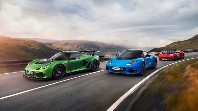 From left to right: Lotus Exige, Evora and Elise