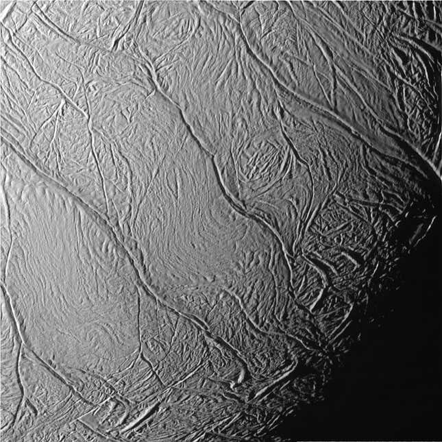 The tiger stripes on Enceladus. The primary Baghdad fissure is second from left.
