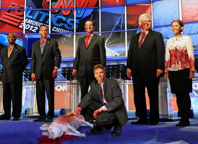 Image for article titled Latest GOP Debate Concludes With Candidates Wrestling Squealing Pig To Ground And Slaughtering It