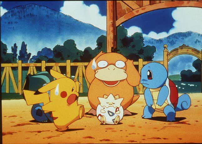 Pikachu, Psyduck, and Squirtle having no idea what to do with an upset Togepi