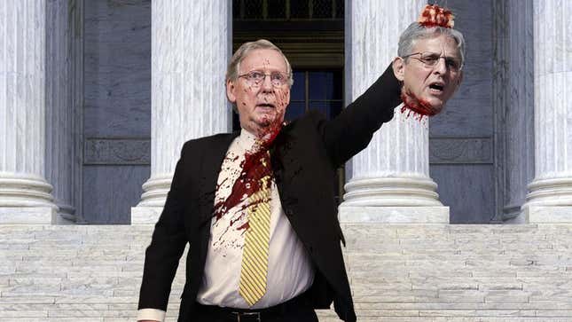 Image for article titled Defiant Mitch McConnell Holds Merrick Garland’s Severed Head Aloft In Front Of Capitol Building