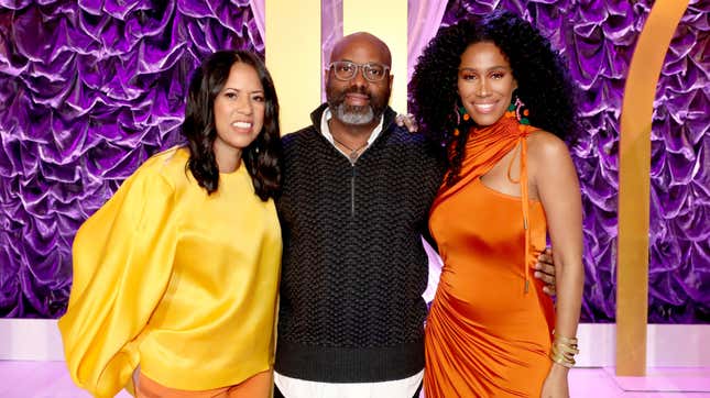 Former Essence CEO Michelle Ebanks, left, Essence Ventures Founder &amp; Chairman Richelieu Dennis, and Essence Chief Content &amp; Creative Officer Moana Luu pose onstage during the 2020 13th Annual ESSENCE Black Women in Hollywood Luncheon on February 06, 2020, in Beverly Hills, Calif.