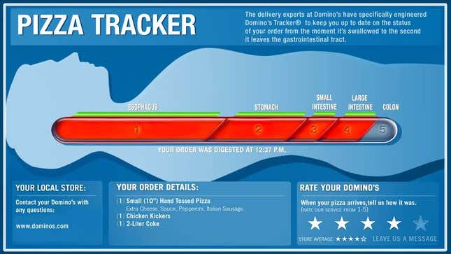 Image for article titled New Domino’s App Allows Customer To Track Pizza’s Movement Through Digestive System