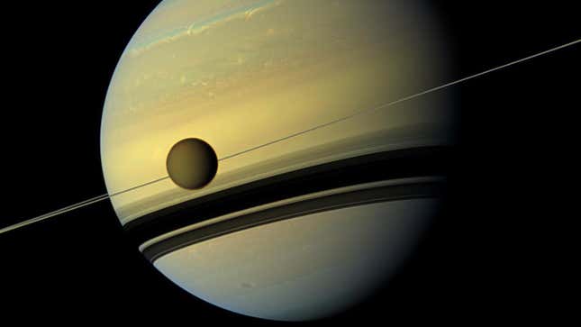 Titan in orbit around Saturn. 