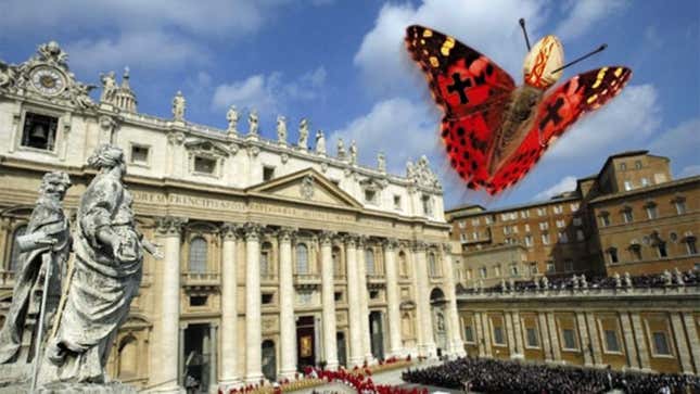 John Paul II flits above Vatican City hours after leaving his chrysalis (below).