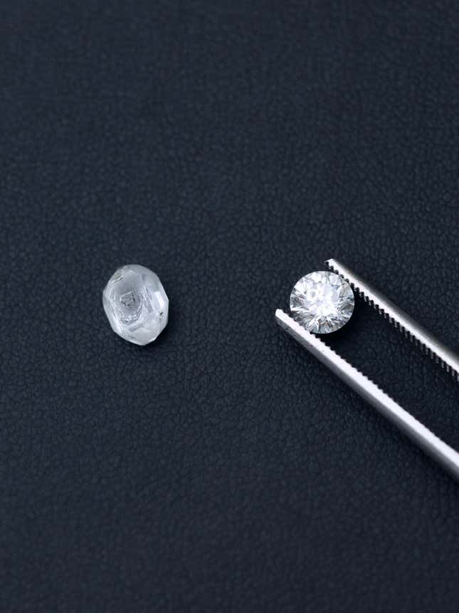 Uncut diamond (left) next to a cut, polished diamond (right), both created in a lab, as seen at the Ada Diamonds showroom in Manhattan.