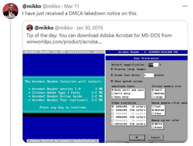 Imagen para el artículo titulado Un tweet revela que Adobe sigue persiguiendo copias piratas de Acrobat Reader 1.0 para MS-DOS de hace 27 años