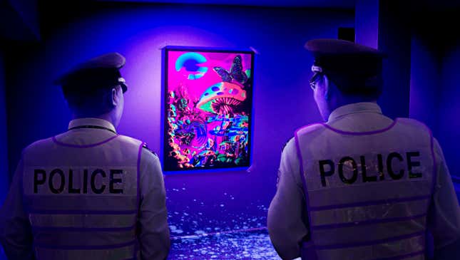 Image for article titled Authorities Say Blacklight Analysis Shows Velvet Poster Of Mushroom Kingdom Looking Even Cooler Than Previously Imagined
